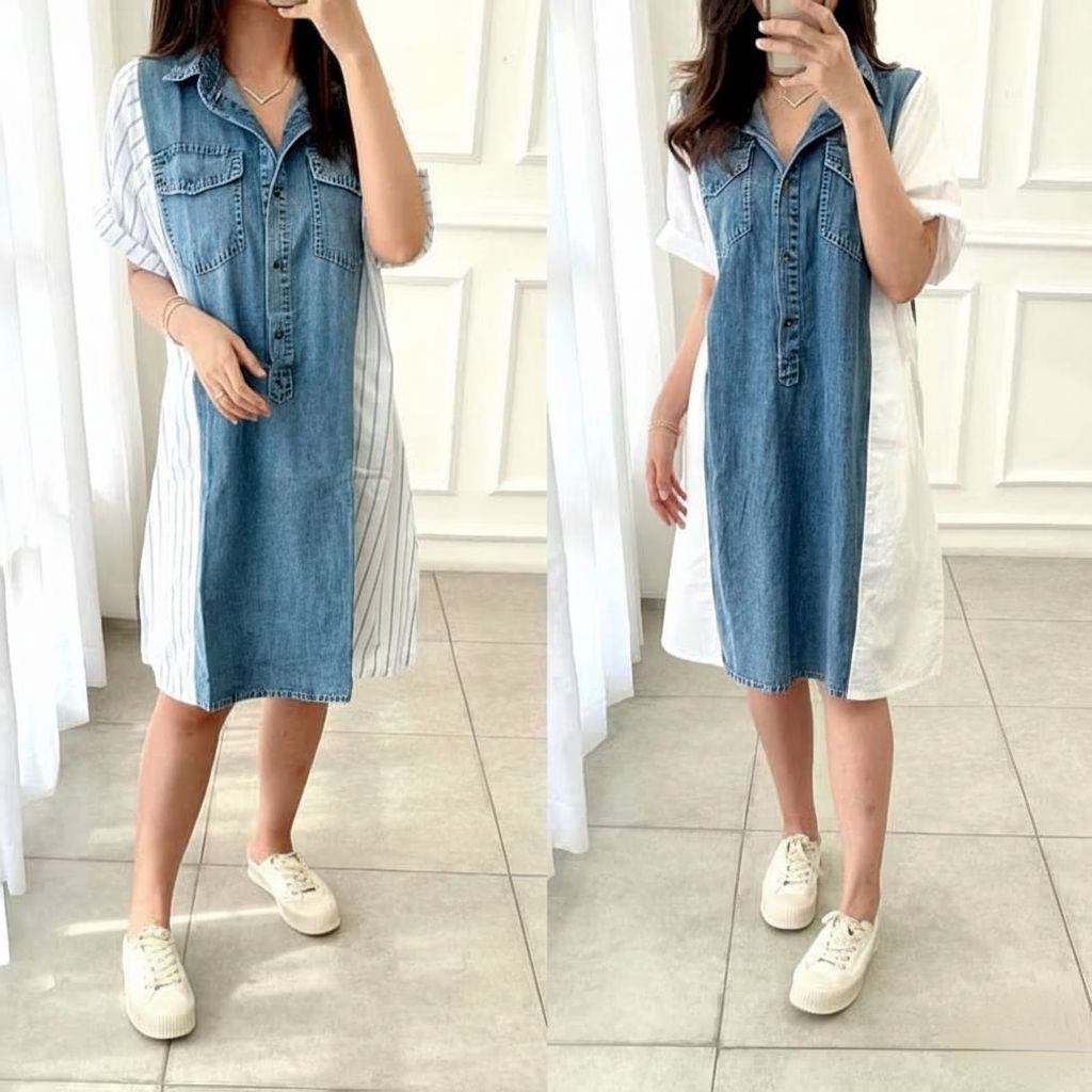 BESTGIRL DRESS WANITA DENIM KOMBINASI KATUN POPLIN PREMIUM/DRESS WANITA JUMBO
