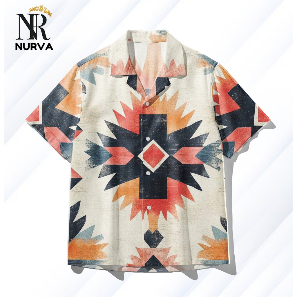NURVA Kemeja Full Print Pria dan Wanita Motif Etnik Vintage – Kemeja Hawai Casual Bohemian Unisex | 