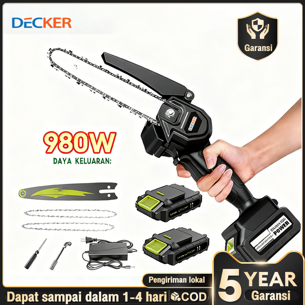 DECKER 6 / 8Inch Gergaji Mesin Mini Pemotong Kayu Cordless Chainsaw Mini Listrik Portable Lithium