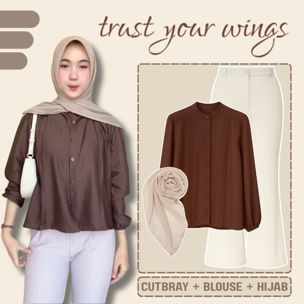 One Set Brown 3 In 1 ll Verona Blouse Cutbray Pants Hijab Bella Square ll OOTD Wanita Remaja - GO049