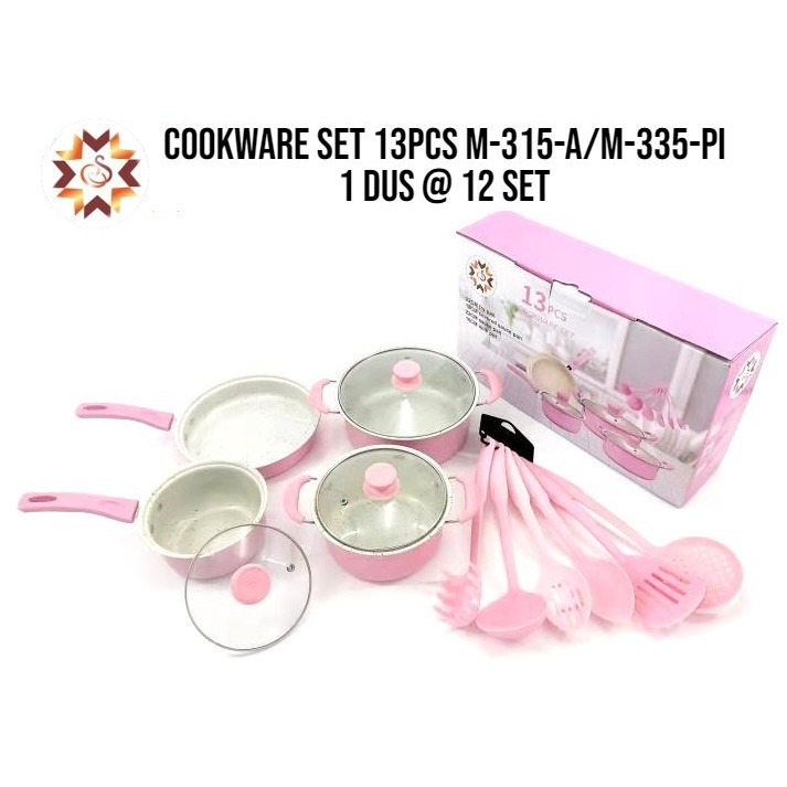 cookware Set 13Pcs Pink/Hijau Peralatan Masak Panci Set/ Panci Set Wajan Penggorengan Spatula Set Ma