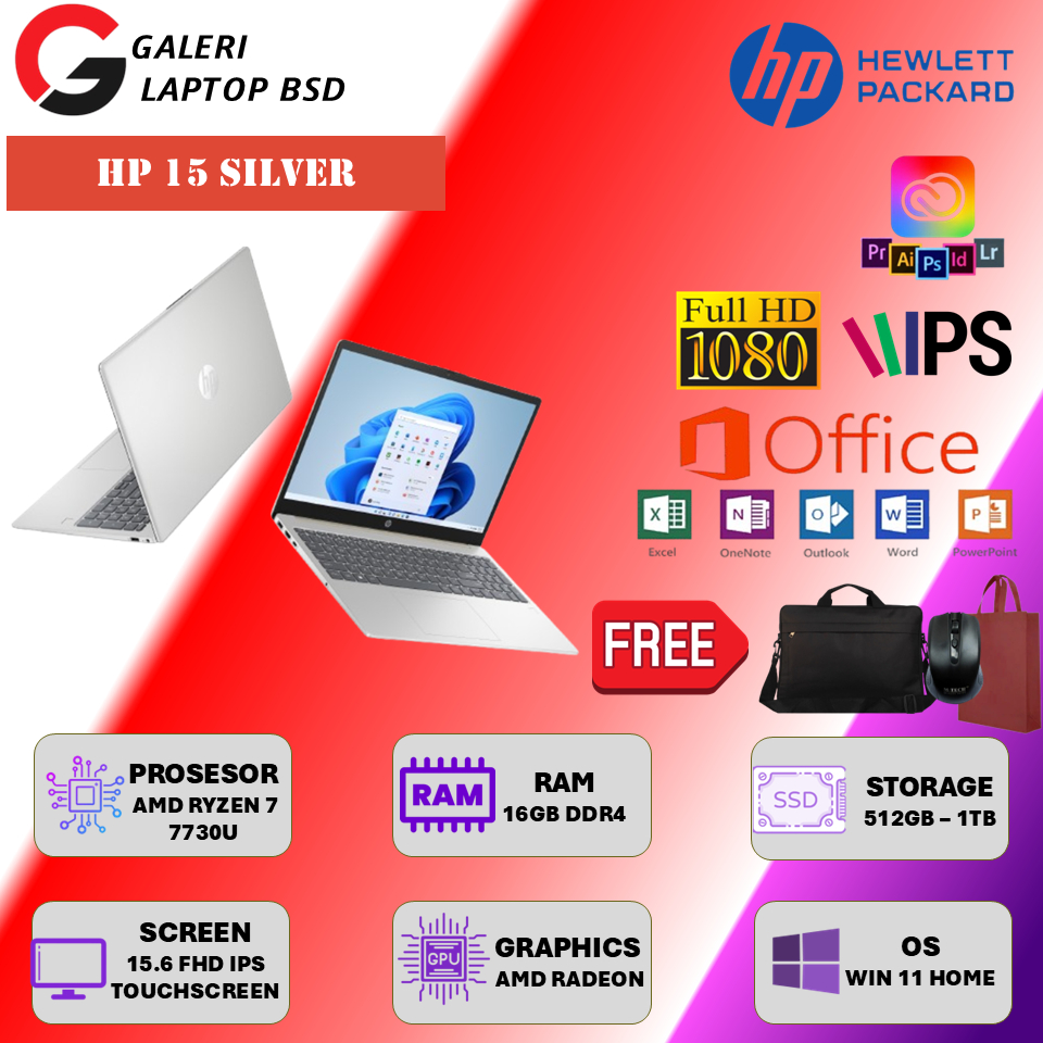 Laptop HP 15 Touch AMD Ryzen 7 7730U RAM 32GB SSD 1TB  15.6 Full HD IPS Windows 11 Terbaru