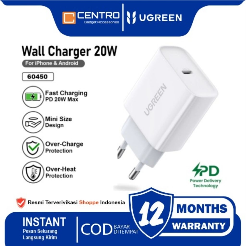 Charger UGREEN 20W PD Fast Charging iPhone Android | Kepala Charger Type-C Original UGREEN
