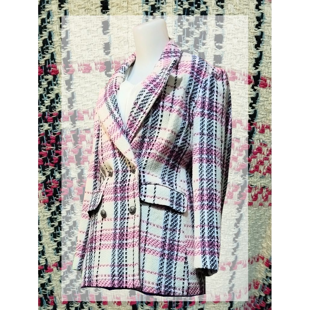 Tweed Blazer Wanita Motif Tartan Putih Garis Pink Hitam Cantik Mewah Tebal