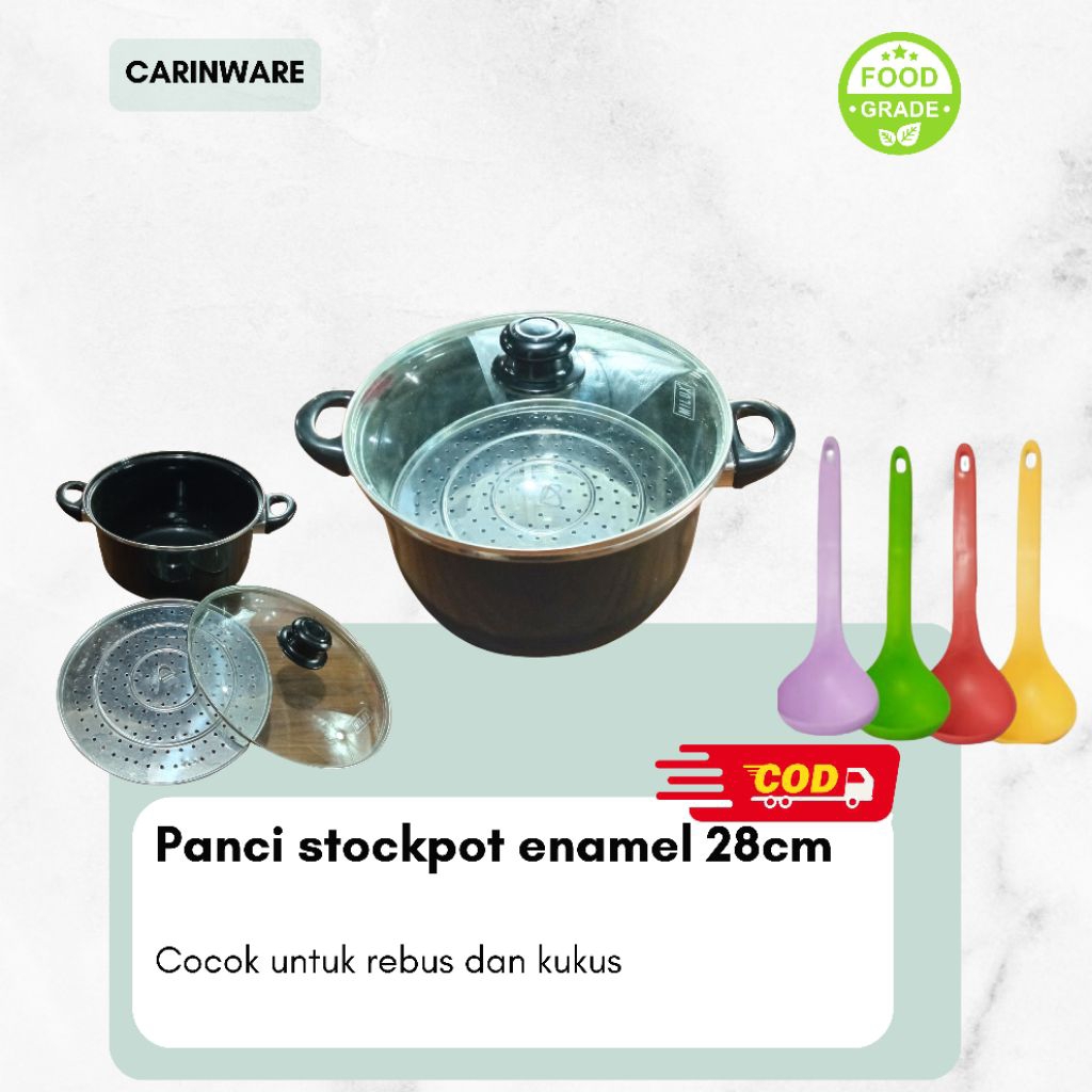 Carinware Panci kuah | panci saus | stockpot |panci enamel jumbo tutup kaca