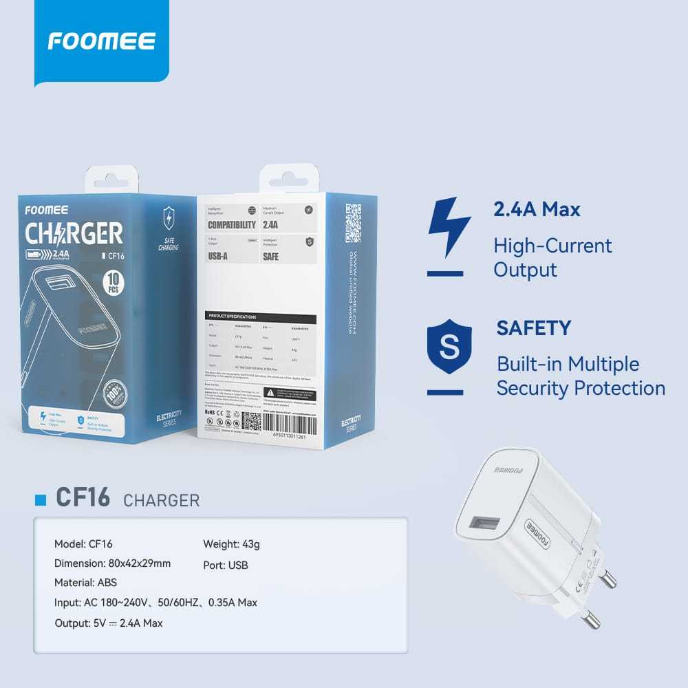 FOOMEE CC08s/CF06/CF16/CF26/CF36/MC01/MC02/CT01/ BQ11 TRAVEL CHARGER(1BOX ISI 10PCS) 1 USB 2.4A/3A  