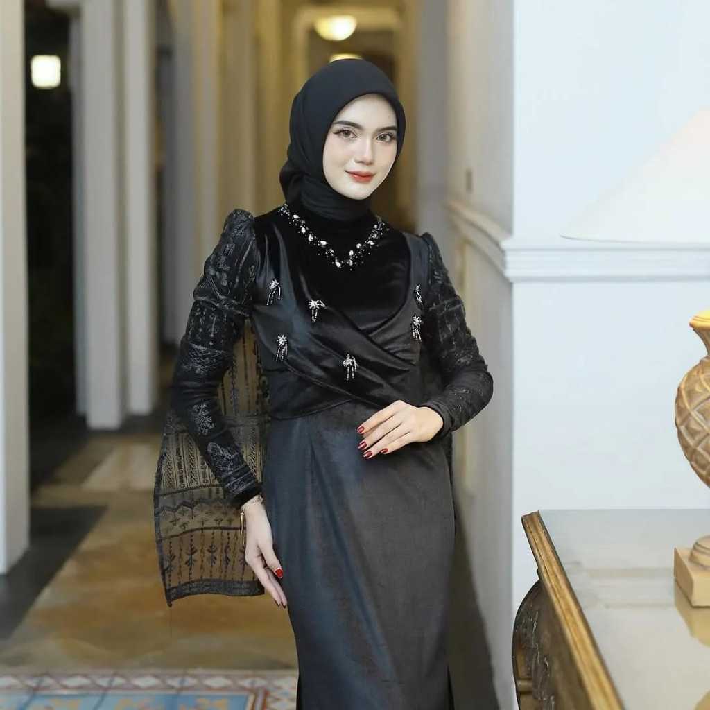 COD Naura Dress Terbaru Gaun Pesta Mewah 2026 Dress Import Material Velvet Mix Brukat Aplikasi Payet