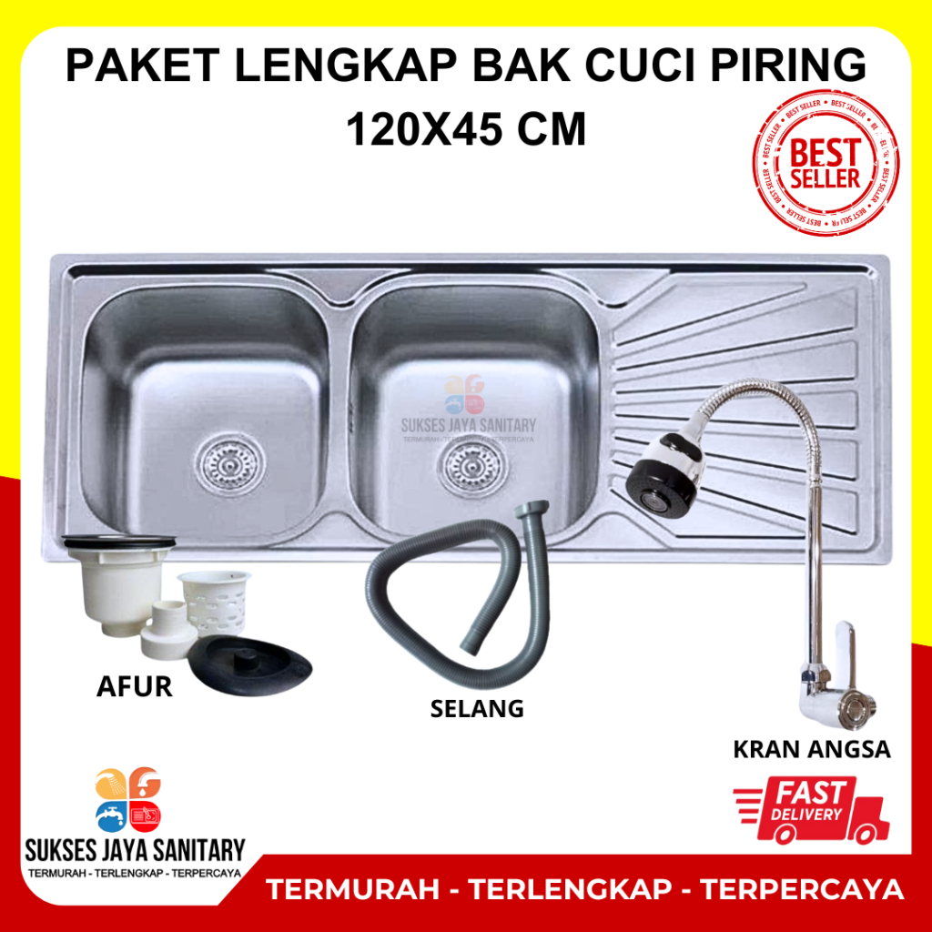 Bak Cuci Piring / Wastafel Dapur 2 Lubang Sayap Stainless 120x45 Cm Free Selang + Afur + Kran Angsa
