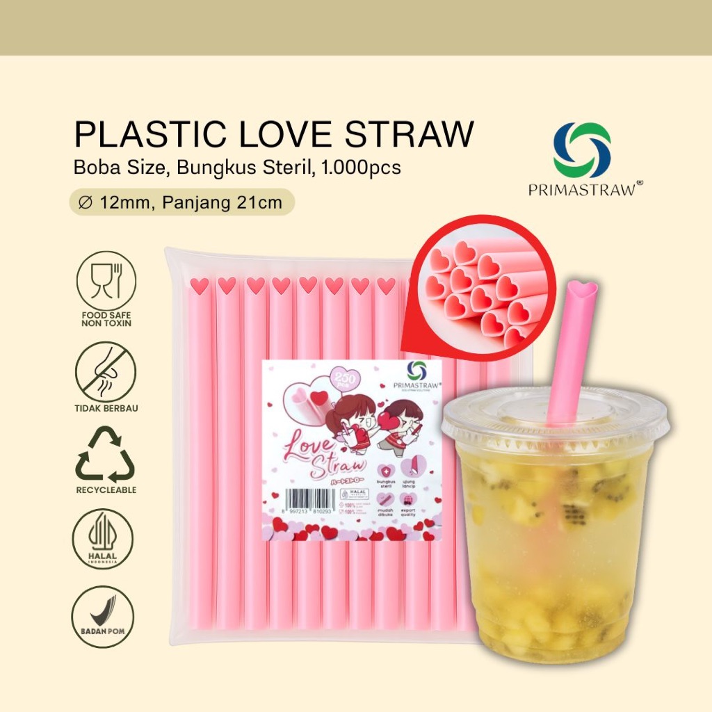 PRIMASTRAW® Sedotan Plastik Bentuk Hati BOBA STERIL Love Straw 12 x 210 mm (1.000 pcs)