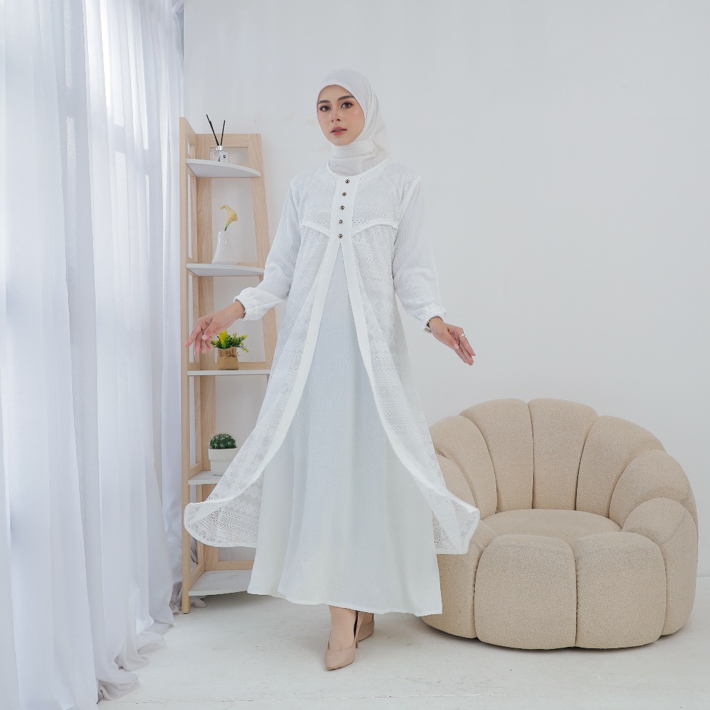 Gamis Brokat Putih Wanita Dress Remaja Gamis Bahan Crinkle
