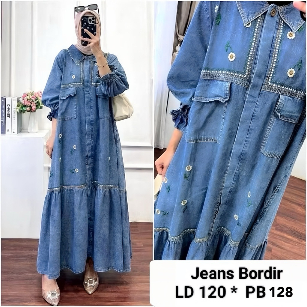 Naira Gita Midi Dress Jeans Bordir Terbaru Midi Jeans Wanita Jumbo Ld 110,120 kancing Aktif Busui