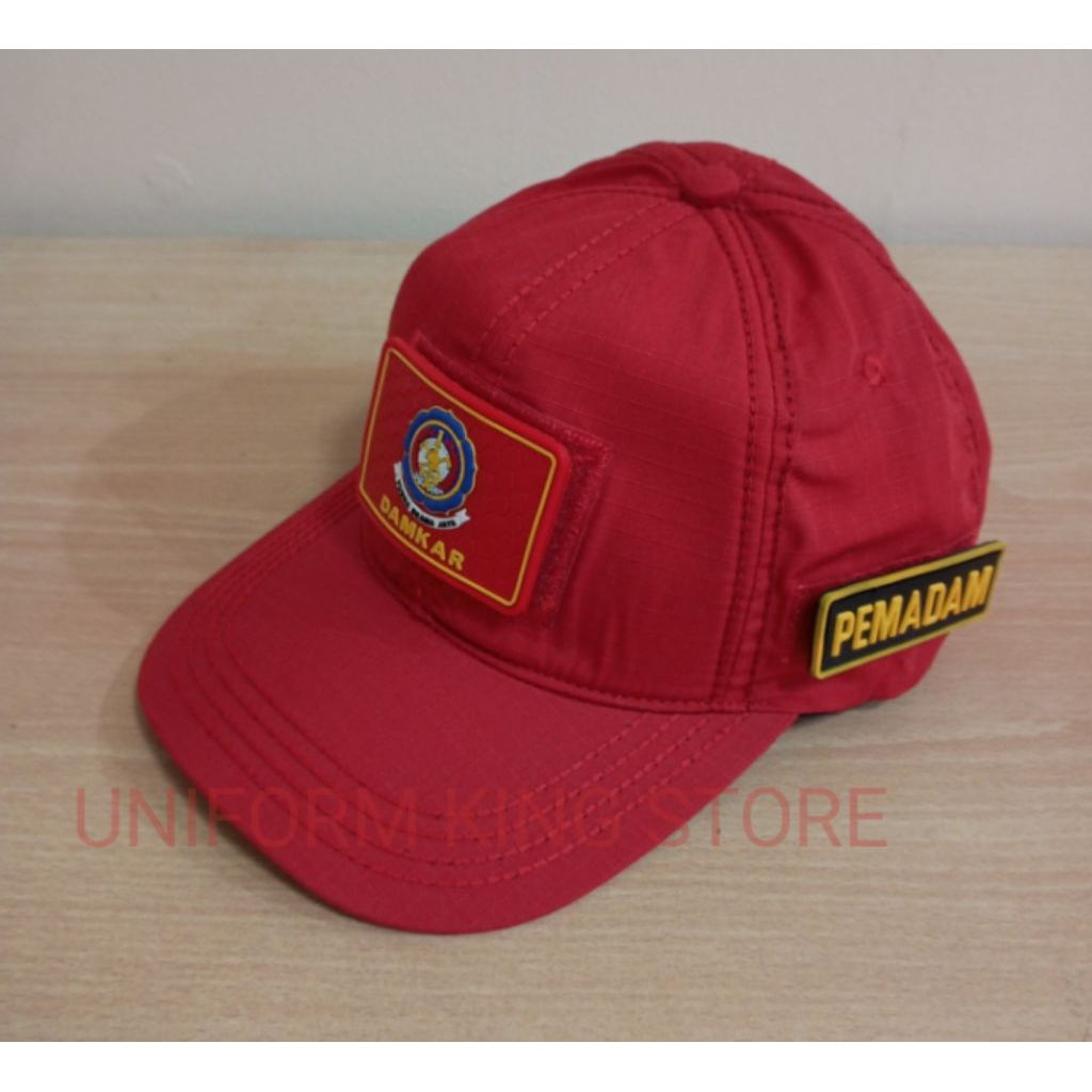 TOPI DAMKAR MERAH 3 PATCH RUBBER - TOPI DAMKAR MERAH TEMPELAN PEREKAT PATCH RUBBER