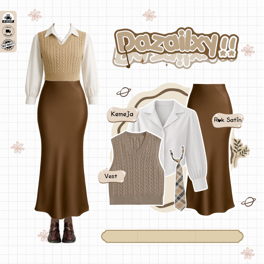 Yearbook Outfit (Dasi + Vest Rajut + Kemeja Puff + Rok Satin Silk ) Enola Holmes Outfit Yearbook-D49