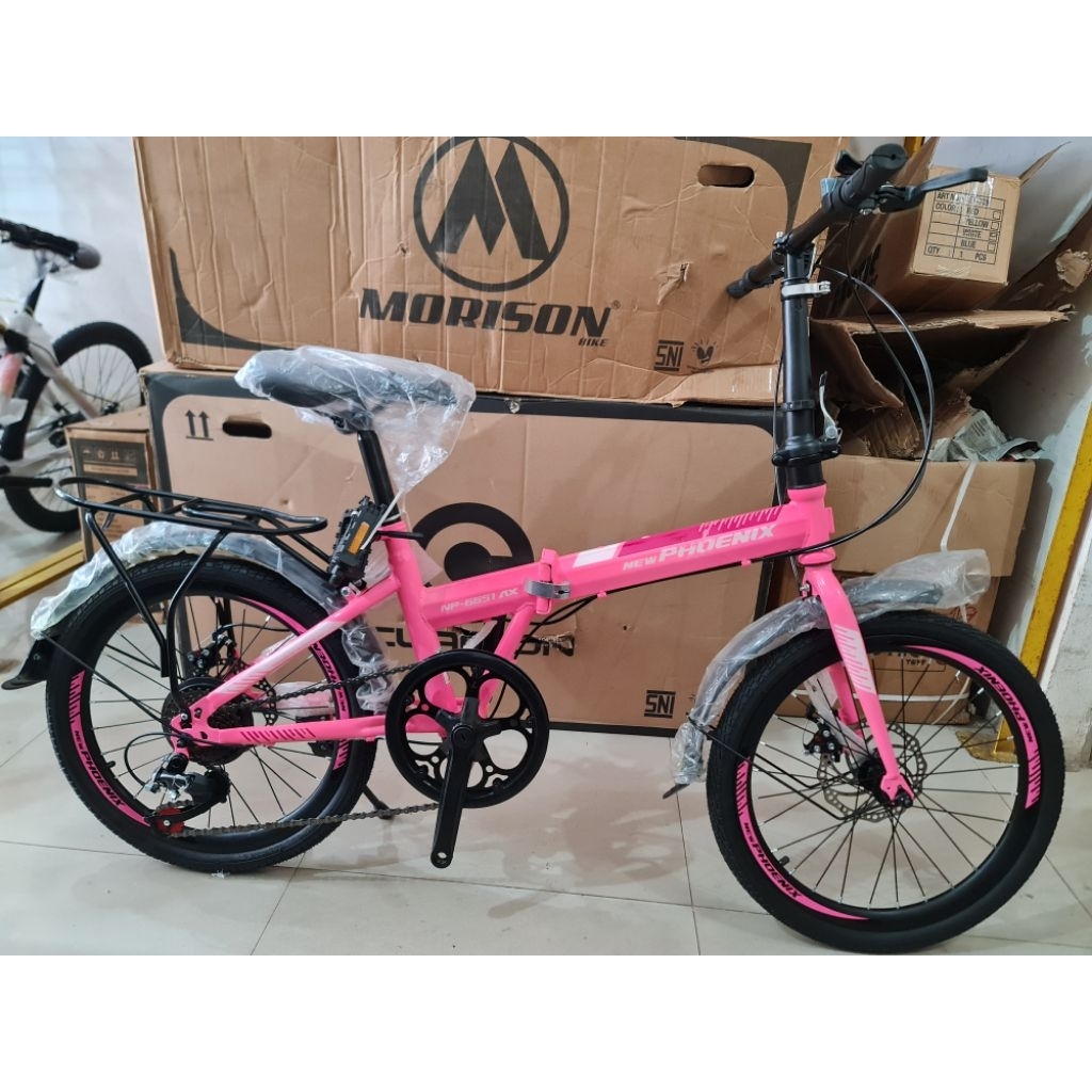 SEPEDA LIPAT 20 INCH NEW PHOENIX BY PACIFIC ( WARNA PINK ) ( MEMILIKI GIGI 7 SPEED DAN REM CAKRAM )