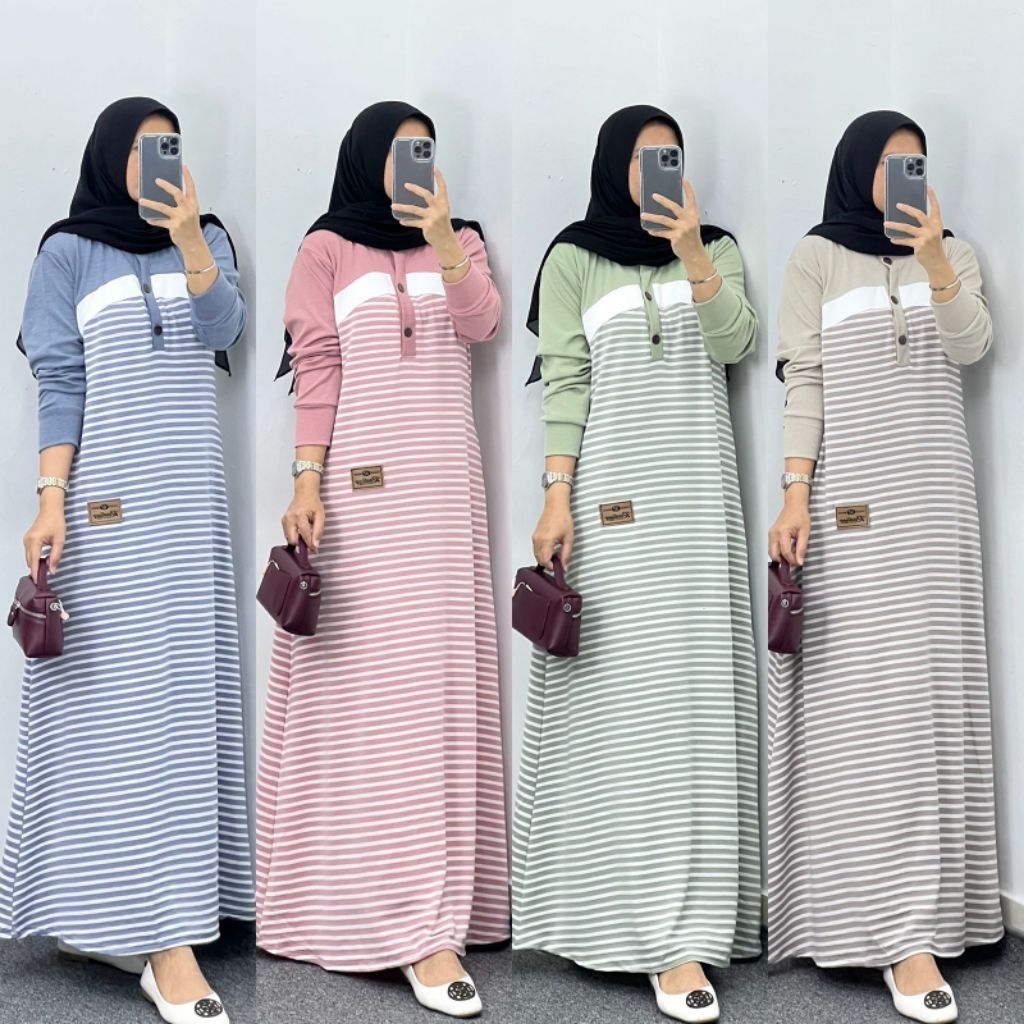 Gamis Knit Kombinasi Polos Putih Salur - Busui Friendly - HHija
