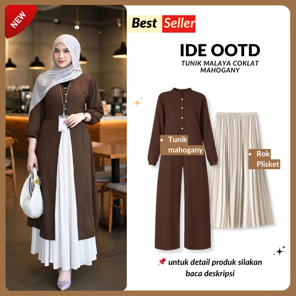 Outfit OOTD Kekinian Setelan (Tunik Malaya + Rok Plisket) Outfit Ukhti OOTD Lebaran Hijab Fashion