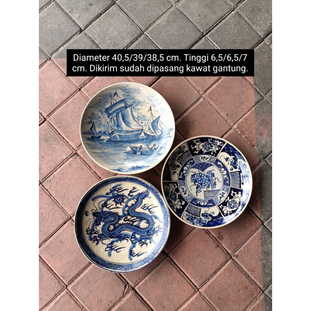 Diameter 40 cm an/39 cm an/38 cm an 3 buah piring keramik lukis gambar ular naga/bunga/kapal di buat