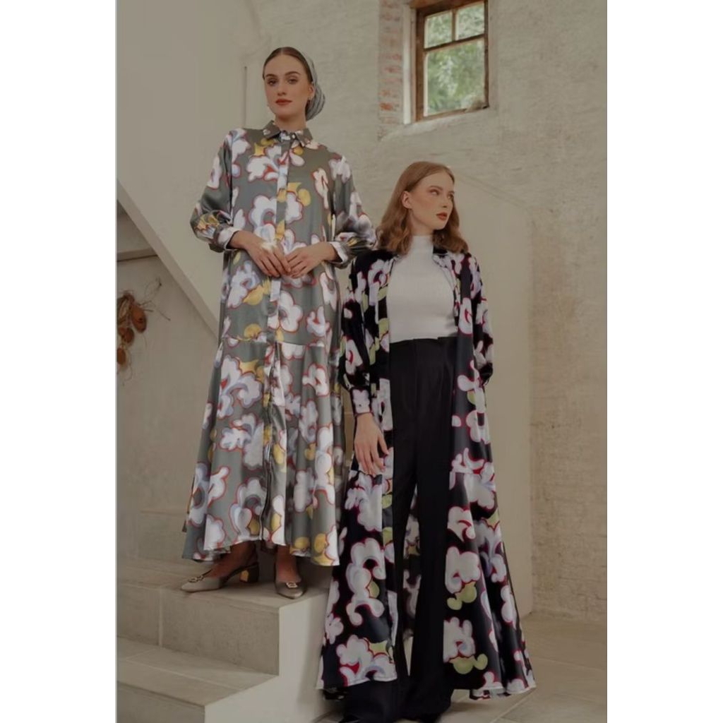 Benang Jarum BJ Cloud Printed Dress size L Black Maxi Gamis Mono Monogram Dark Viola ITG Reverie Tea