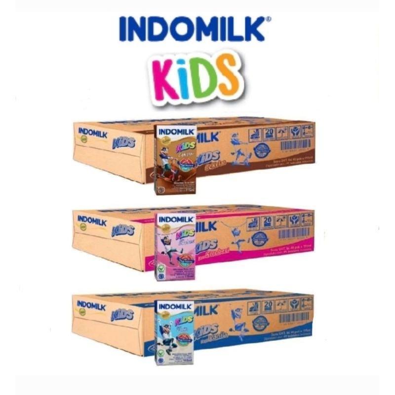 Susu UHT Indomilk Kids Strawberry / Vanilla Vanila / Full Cream / Cokelat / Coklat Less Sugar 115ml 