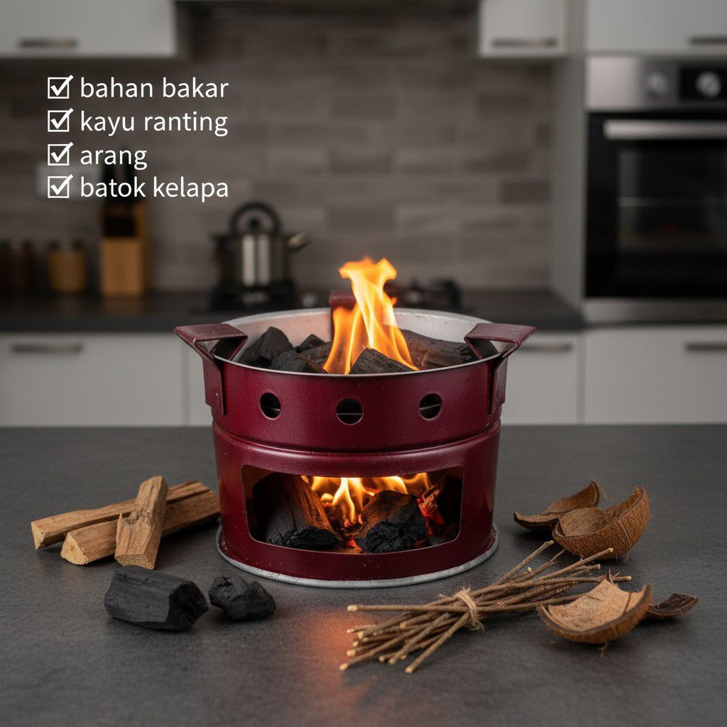 solusi hemat energi kompor tanpa Gas LPG bahan bakar kayu batok kelapa ranting kayu