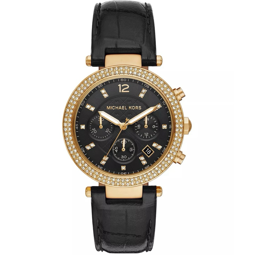 Jam Tangan Wanita MK6984 Chronograph Black Leather Strap