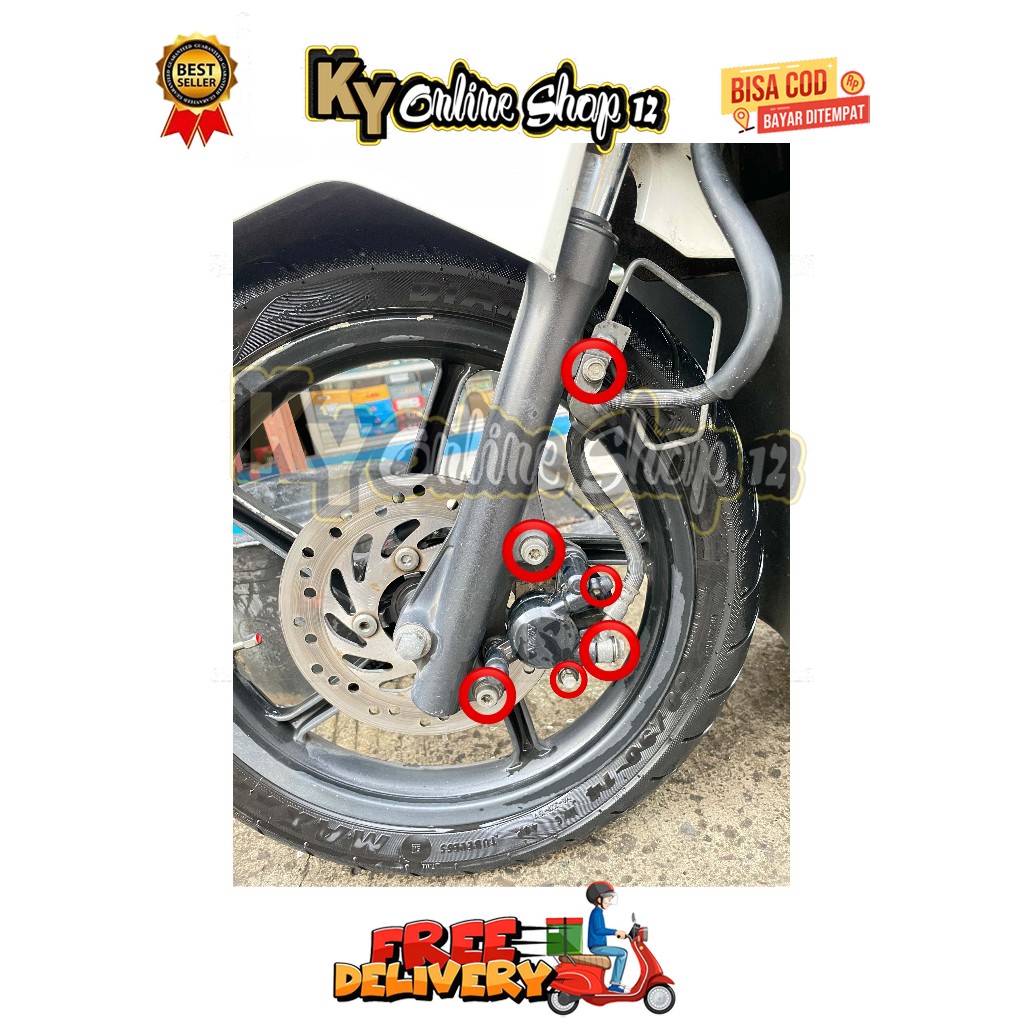 BAUT BREKET + REM + BANJO + NEPEL + TOJOSAN KALIPER DEPAN ( 6 BAUT ) BEAT SCOOPY KARBU FI ESP SPACY 