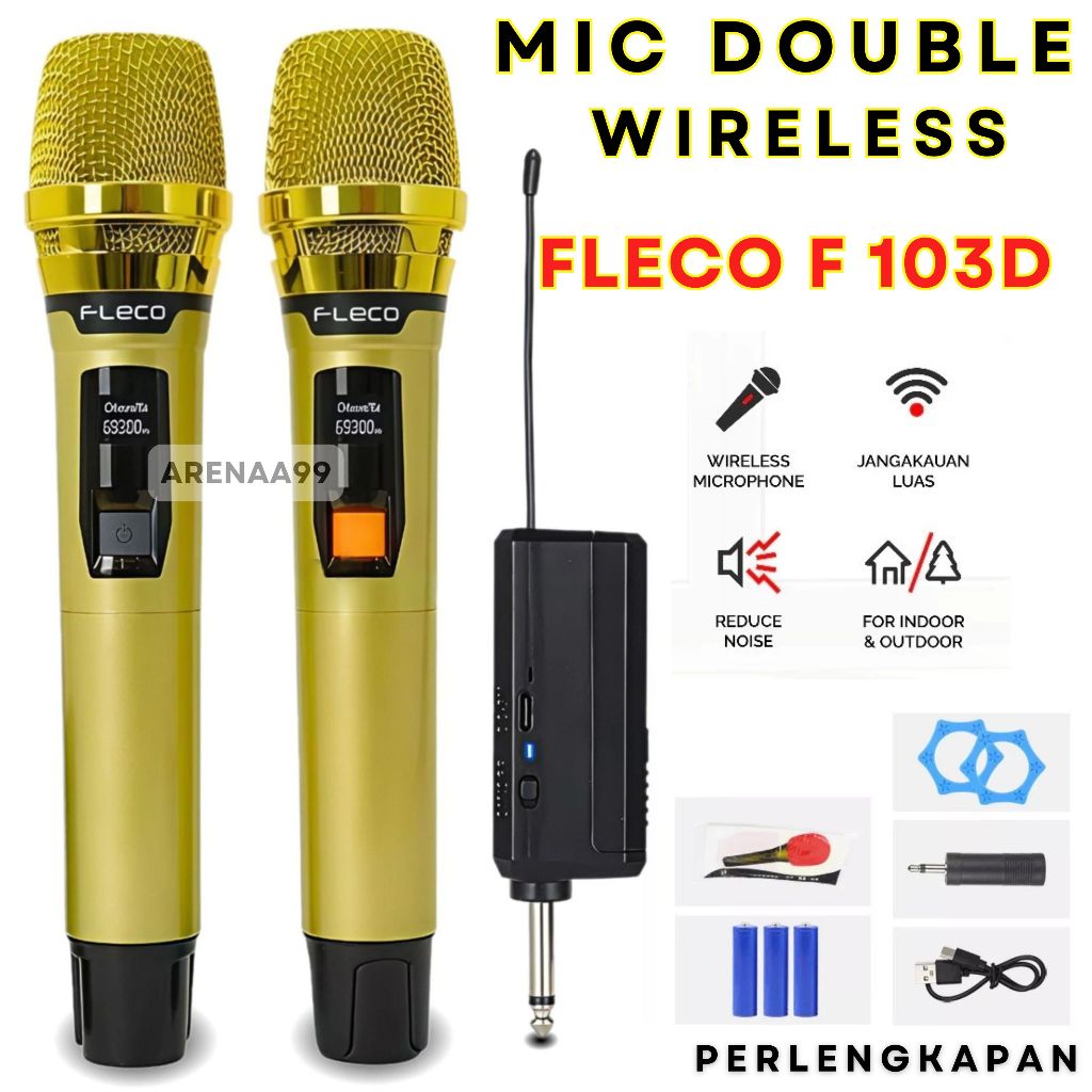 Mic Double Wireles FLECO F-103D Isi 1/2 Mic Karaoke Suara Jernih Wireless Microphone Profesional Mic
