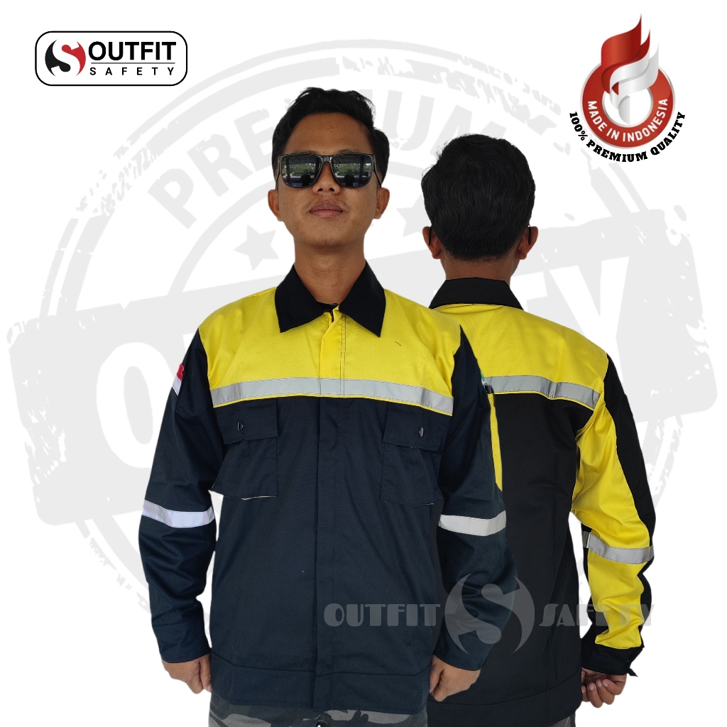 Wearpack Safety Lengan Panjang Hitam Kuning - Baju Kerja Kemeja Sefty K3 American Drill