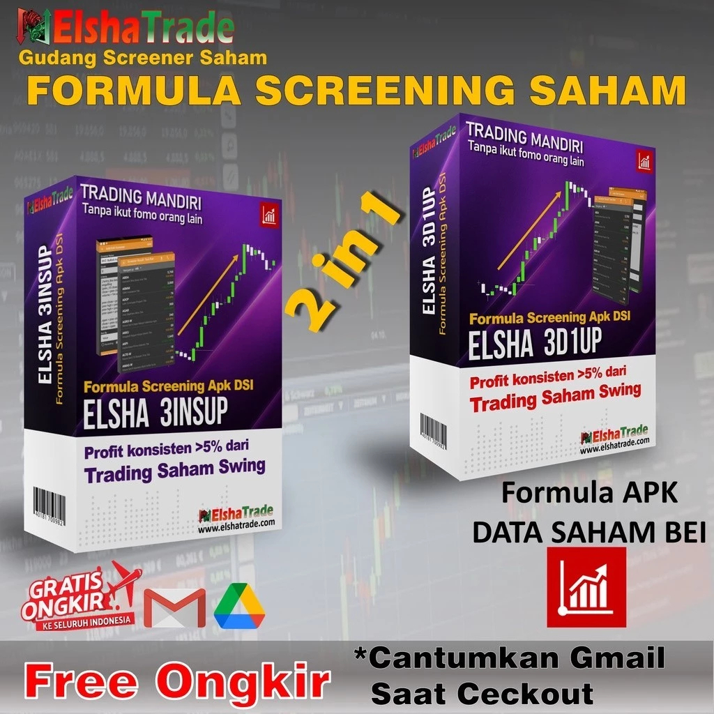 Paket Combo 2in1 ELSHA 3D1UP-3INSUP Formula Screening Trading Saham Swing Rumus Screener Aplikasi DS