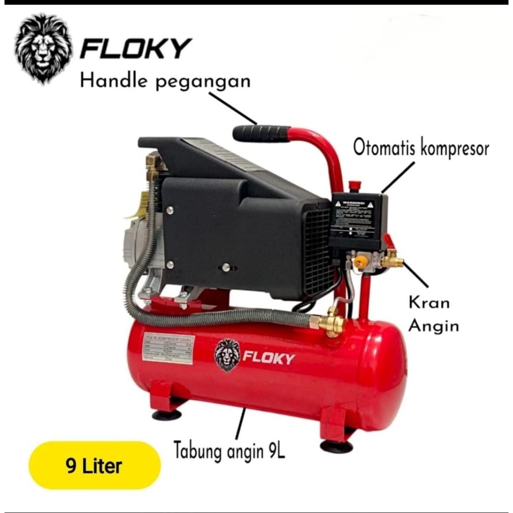 Kompresor Angin Listrik FLOKY 9Liter 0,75hp Kompresor Udara Listrik FLOKY 550watt Paket Oli