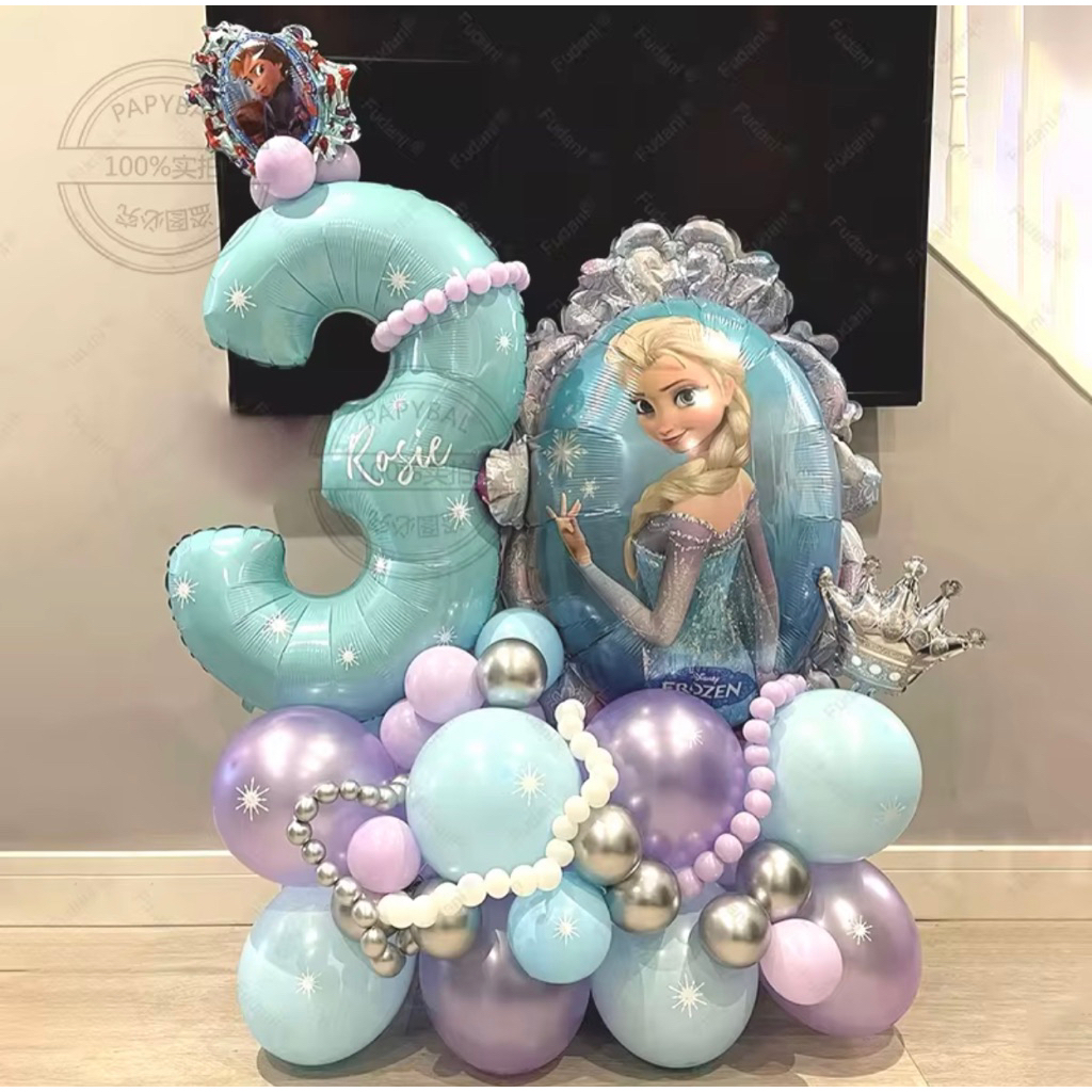 Set paket balon foil angka 80cm warna baby blue tema princess elsa frozen standing berdiri cermin mi