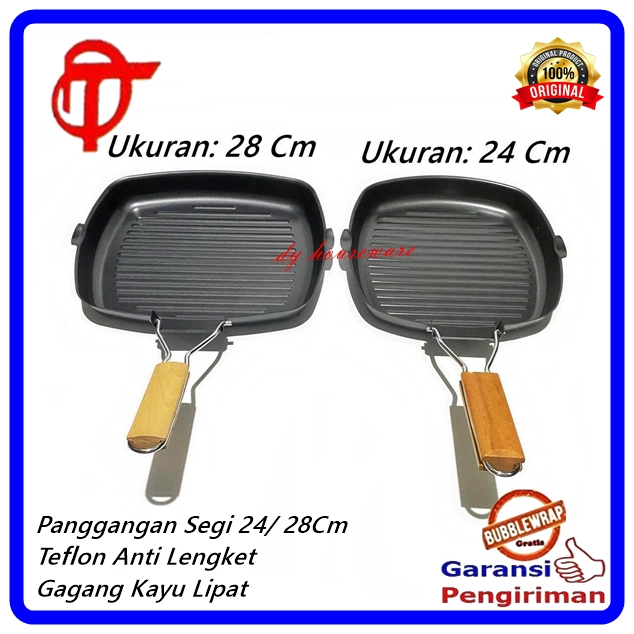 Panggangan Segi Teflon Anti Lengket Grill Pan Kotak Panggang Gagang Kayu 24Cm 28 Cm Anti Square Gril