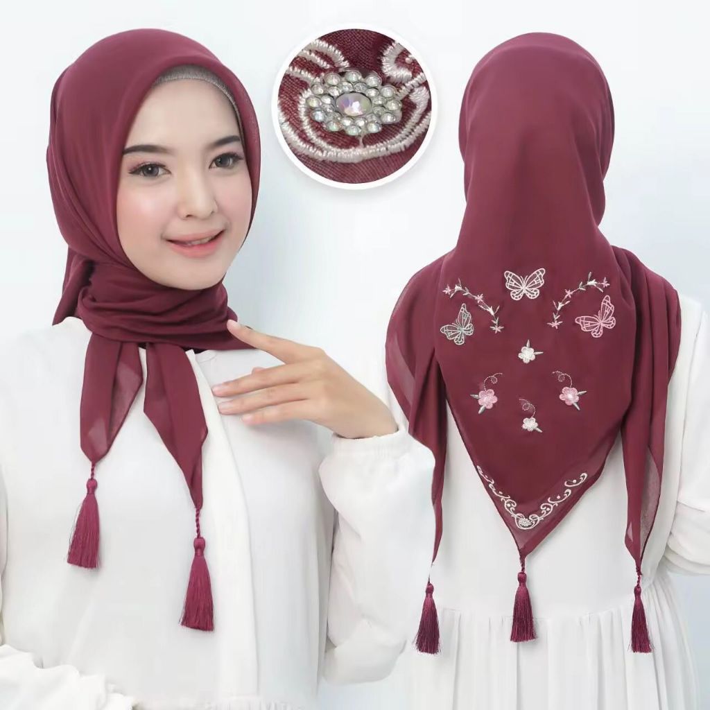 Hijab Segi Empat sulam bordir paris motif bunga kupu-kupu tassel TERBARU  Pesona Fashion