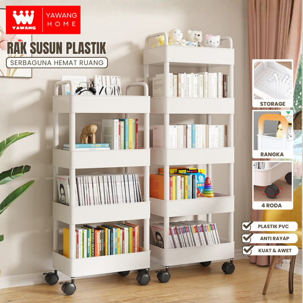YAWANG Home Rak Dapur Dorong Plastik 5 Susun Rak Troli Susun Serbaguna dengan Roda Rak Penyimpanan M