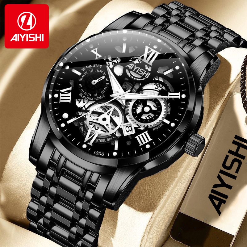 AIYISHI  Casual casual jam tangan pria asli dengan kalender malam yang tahan air menampilkan jam tan