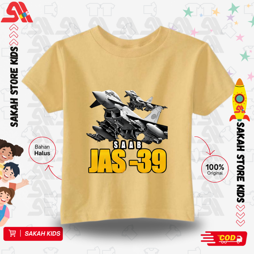 SAKAH Kaos Anak PESAWAT TEMPUR SAAB JAS 39 Bahan Katun Combed 30S