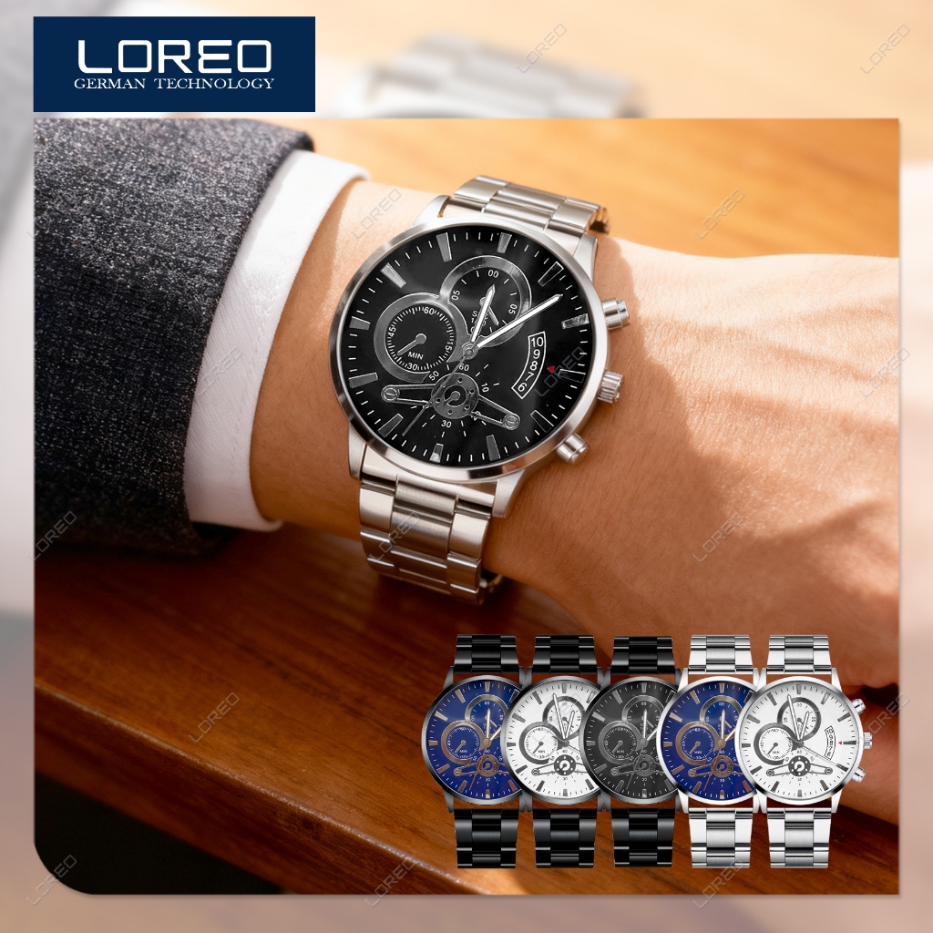 Loreo Jam Tangan Pria Stainless Steel Casual Analog Quartz Watch Chronograph