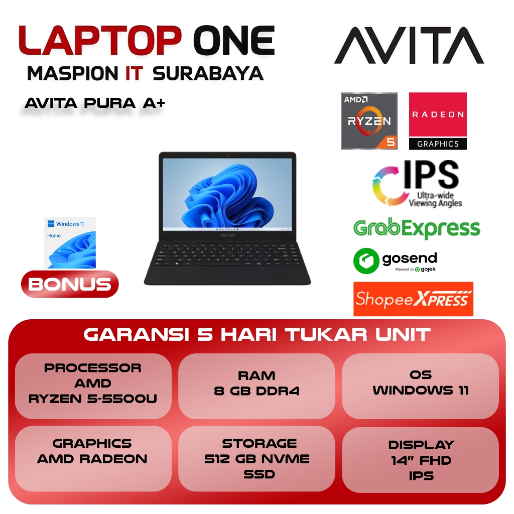 AVITA PURA A+ RYZEN 5 5500 8GB 512GB W11 14.0FHD BLACK