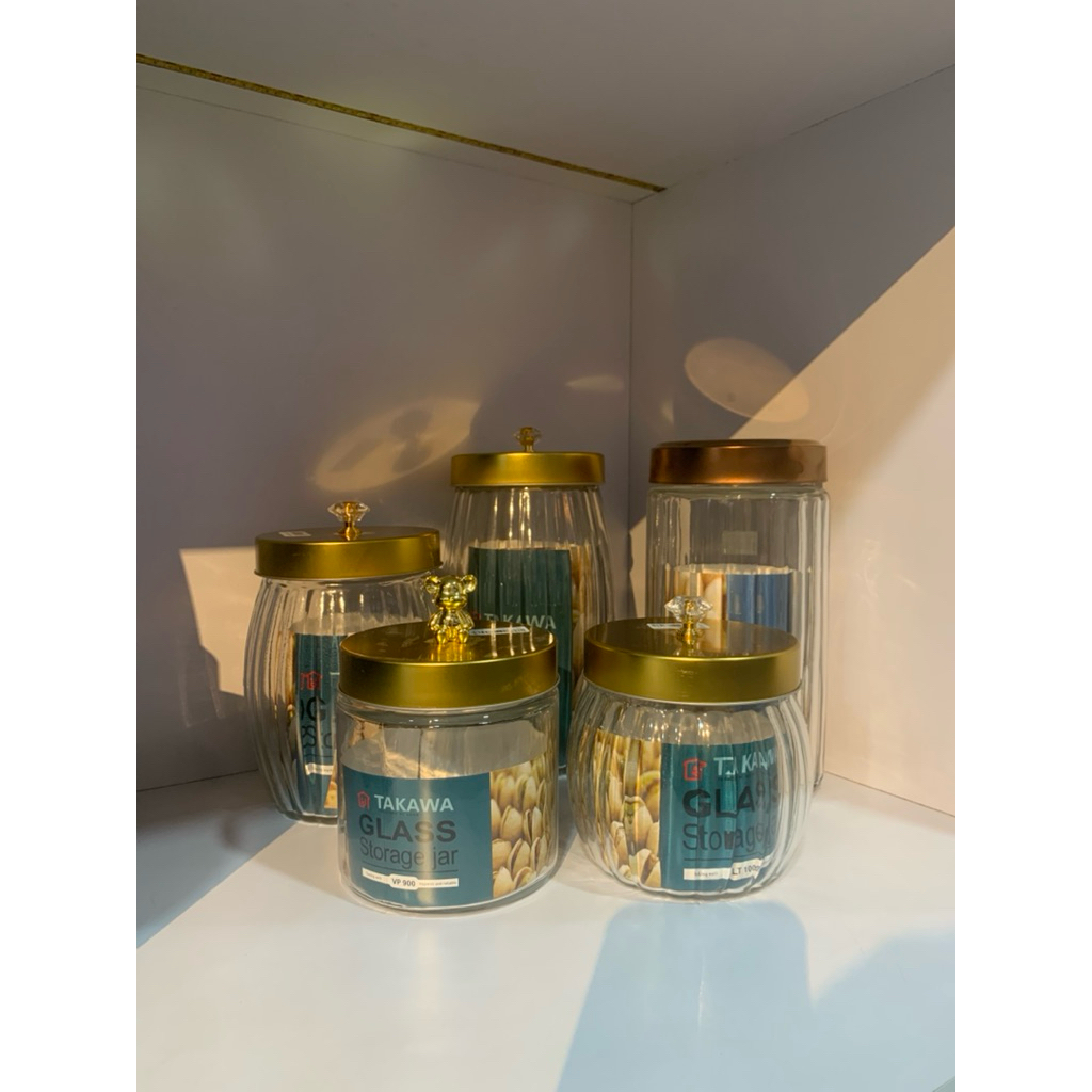 Toples Kaca Takawa / Toples Kaca Mewah Tutup Gold / Toples Kedap Udara / Toples Snack & Bahan Kering