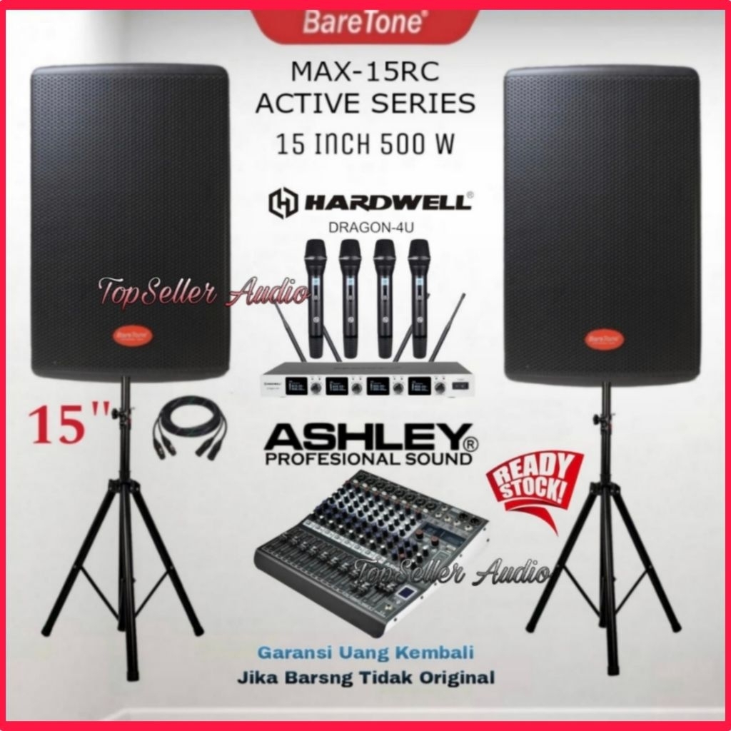 Promo Paket Sound System Speaker Aktif 15 Inch BareTone MAX15RC Mixer Ashley 8 Channel Bluetooth 4 M