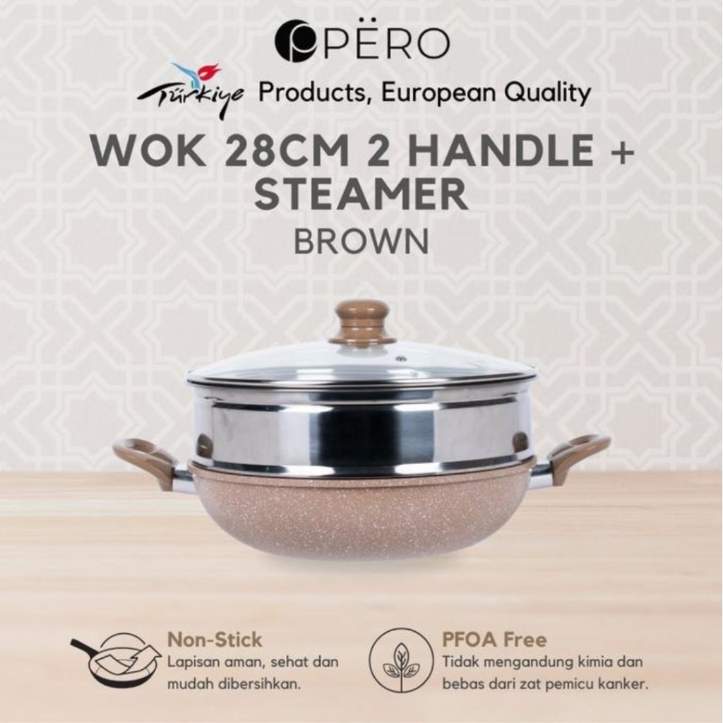 Pero Mercin Wok 28cm + Steamer dan Tutup Kaca / Panci Set Kukusan Anti Lengket