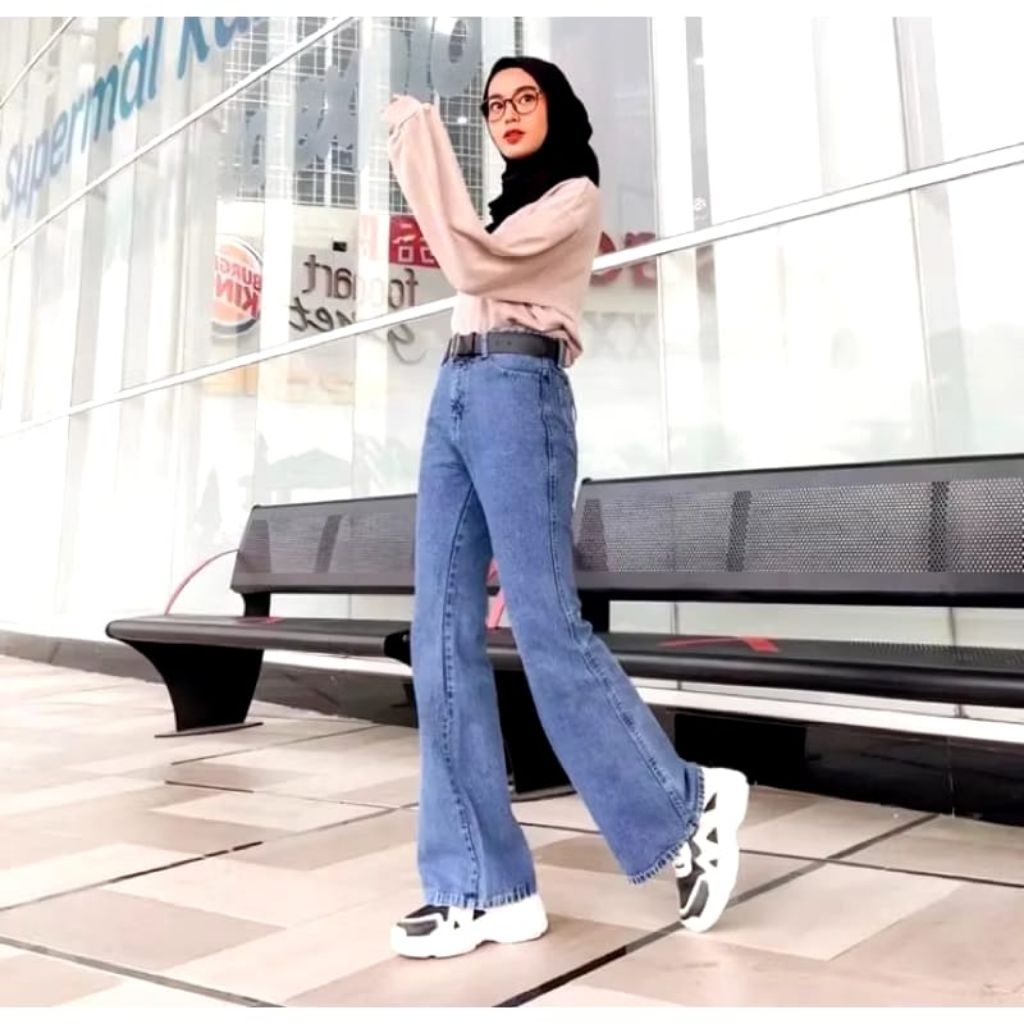 Celana Panjang Cutbray Snow Black Snow Blue Jeans Highwaist Standar&Jumbo Wanita Bahan Denim 12oz/Bo