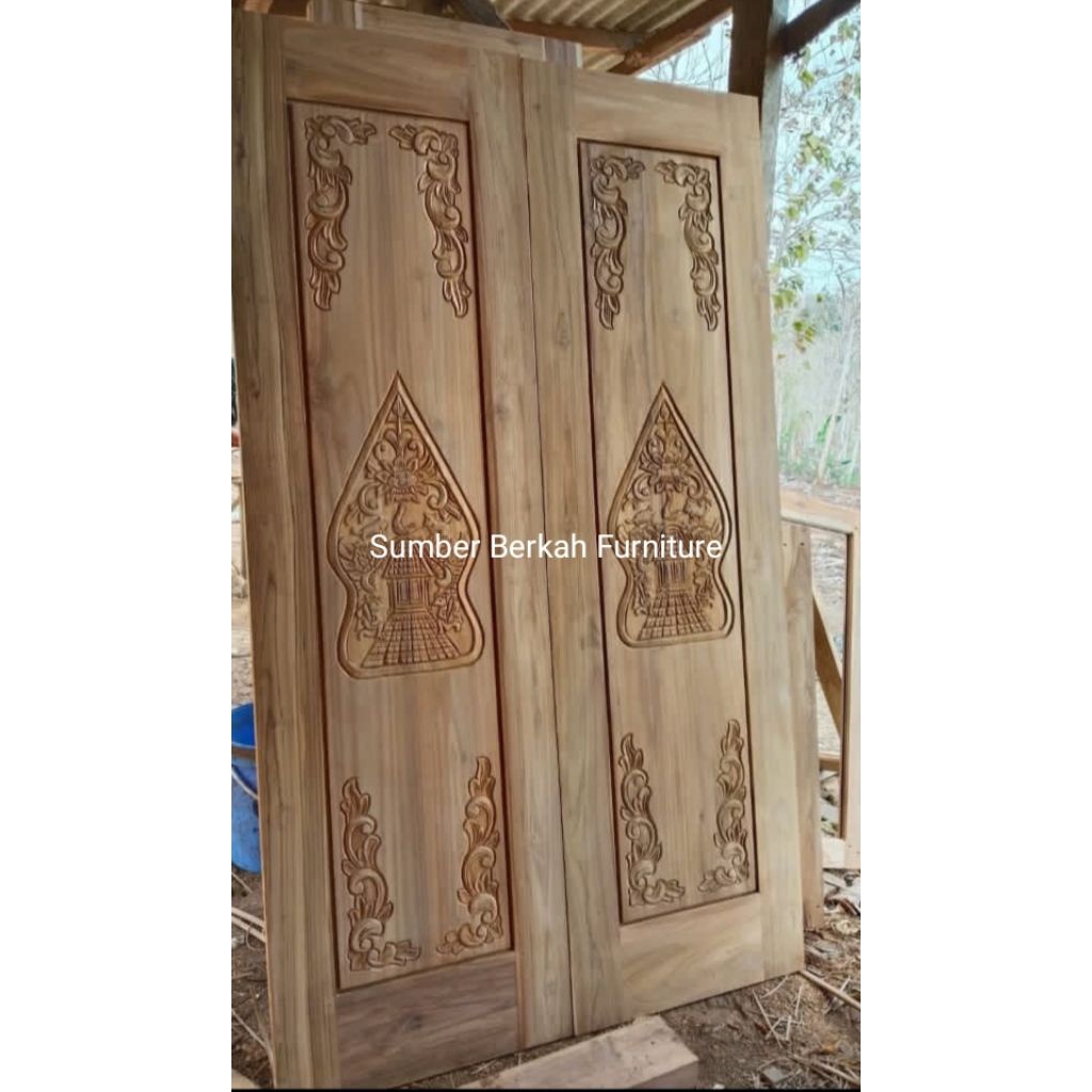 SET KUSEN + DAUN PINTU KUPU TARUNG UKIR  BAHAN KAYU JATI. UKURAN MODEL MOTIF WARNA BISA CUSTOM
