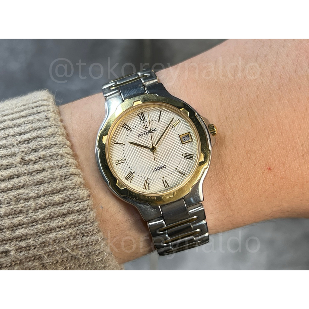 JAM TANGAN VINTAGE SEIKO ASTERISK ROUND TWO TONE IVORY TEXTURE DIAL ROMAN INDEX LX1760
