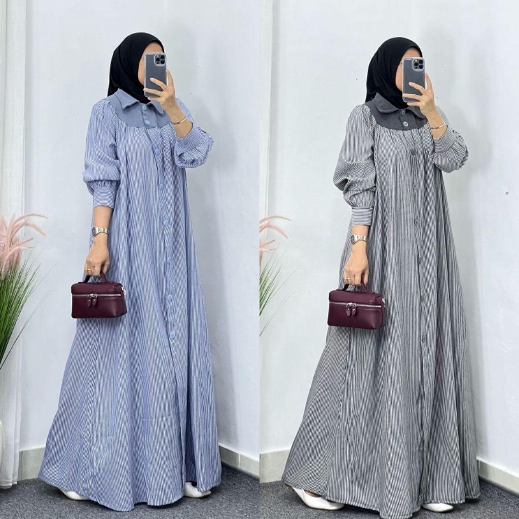 Gamis Katun - Motif Polos Kombinasi Salur - Busui Friendly - Dress - Wanita - Hijab