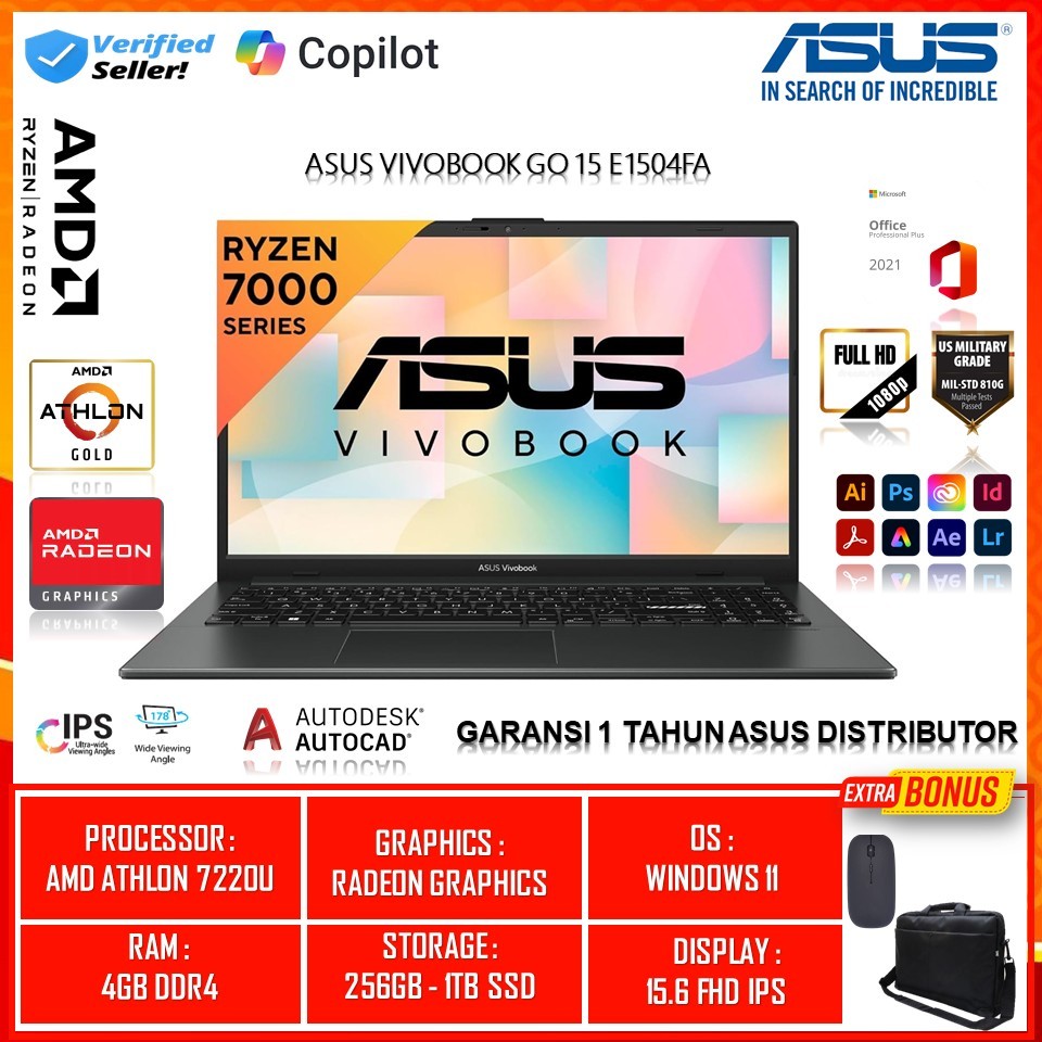 Laptop Asus Vivobook GO 15 E1504FA AMD Athlon Gold 7220 FHD IPS 512GB Windows11 Mixed Black Termurah