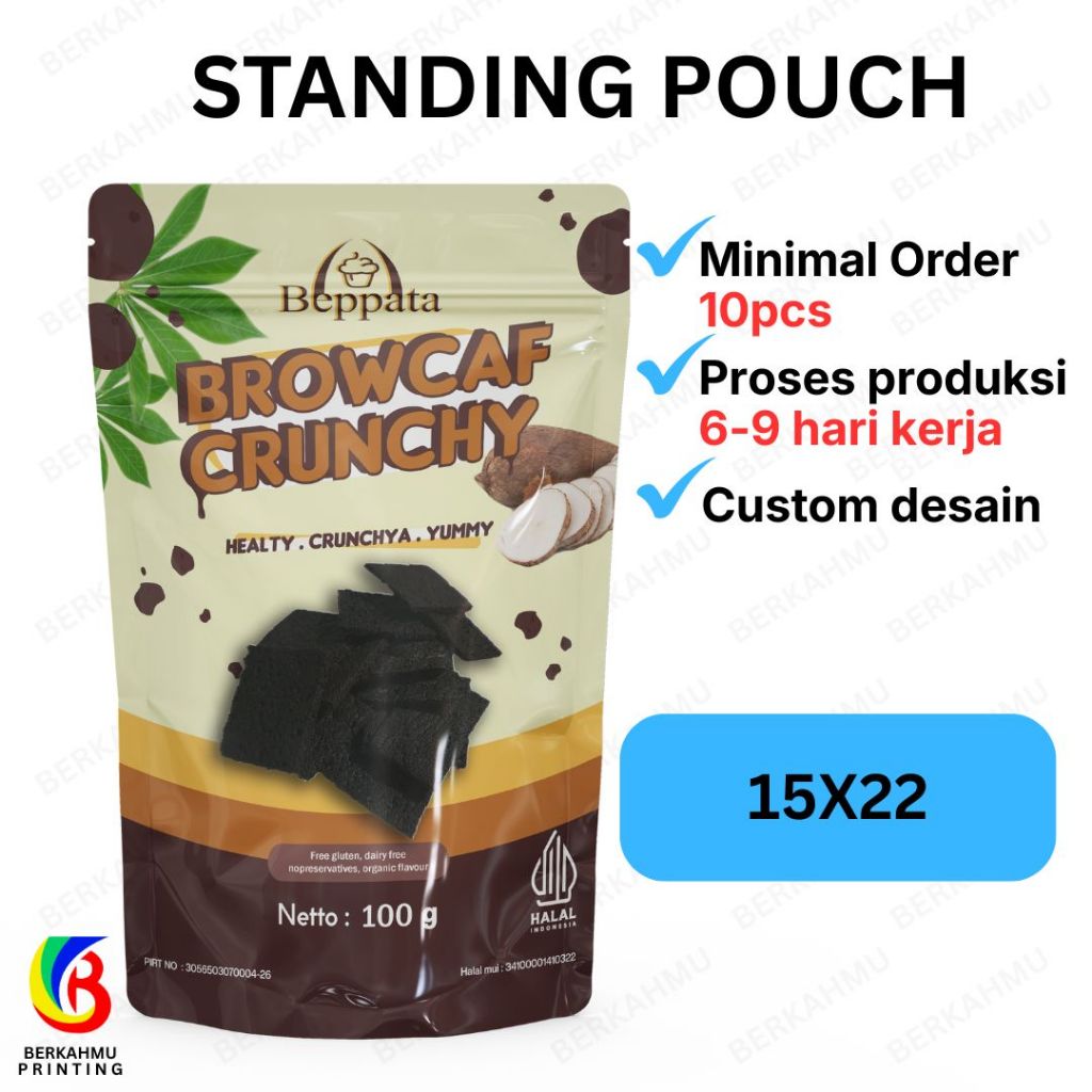 Cetak Kemasan Standing Pouch Custom Full Printing Ukuran 15x22 cm Tercepat dan Termurah
