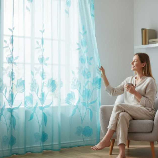 tirai puring gorden Vitras motif bungaTulip Hijau Toska