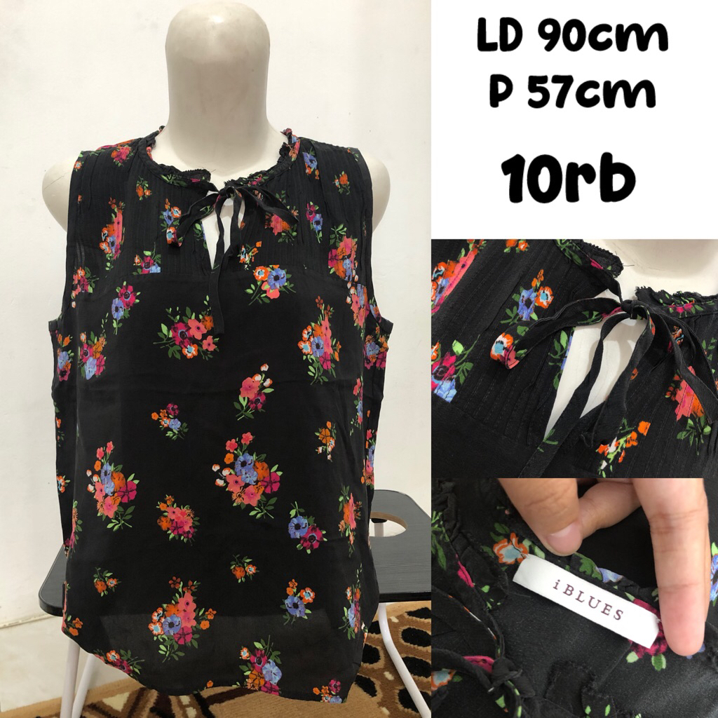 black flower tanktop blouse ribbon v neck ruffle