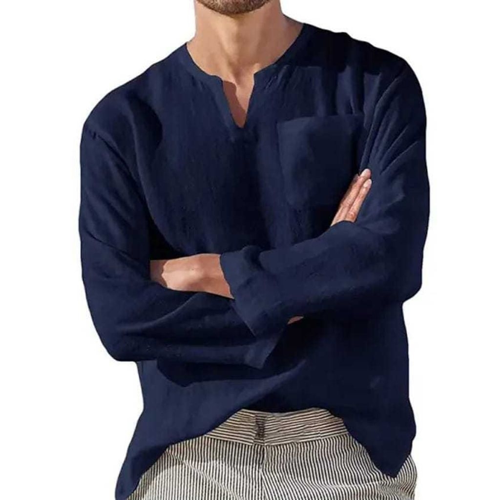 Kemeja linen pria model v neck